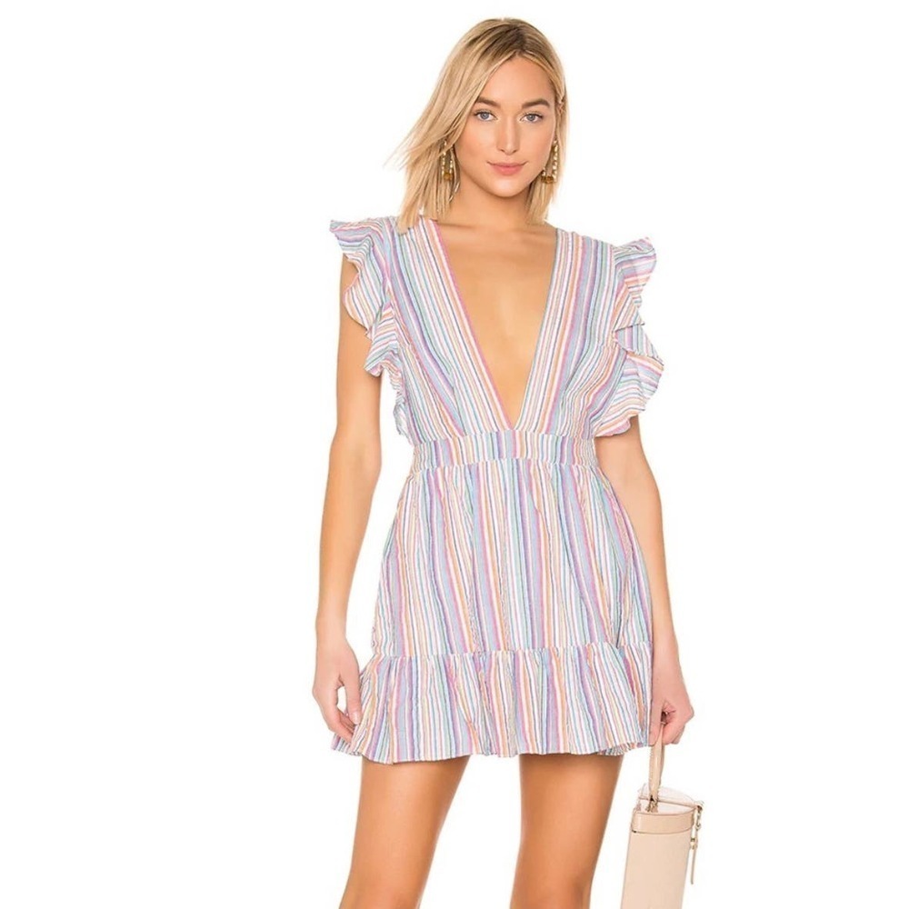 Majorelle Costello Multicolor plunging Ruffle rainbow Striped Crossback Dress L